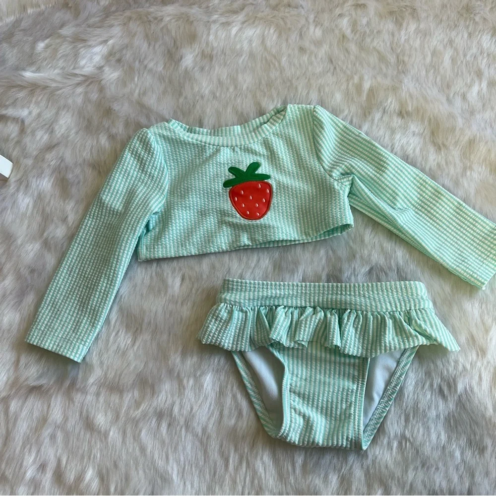 Cat & Jack Girls Long‎ Sleeve Striped Strawberry Two Piece Swimsuit Blue 18 M